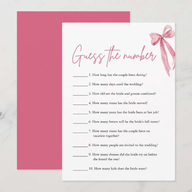 Blush Pink Bow Guess the Number Bridal Shower Game Invitation (Front/Back)