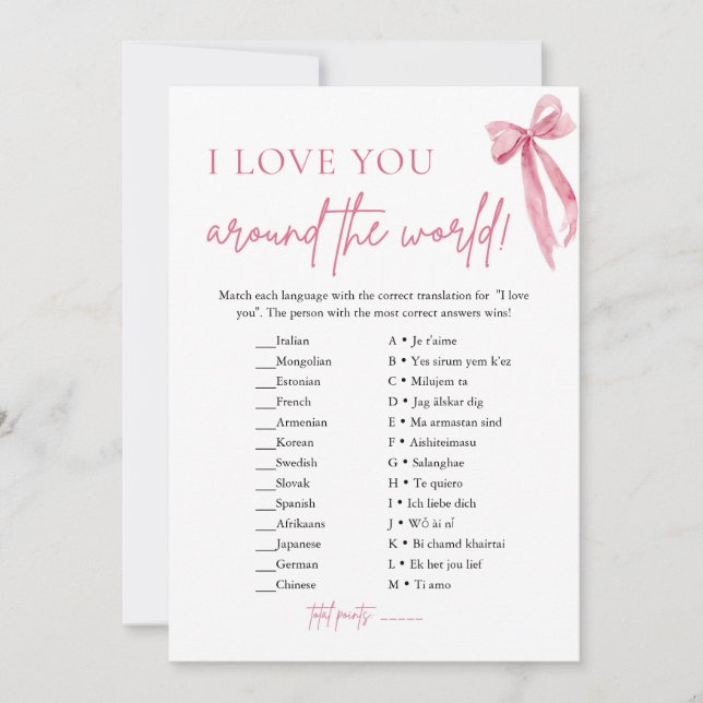 Blush Pink Bow I Love You Around the World Game Invitation (Front)