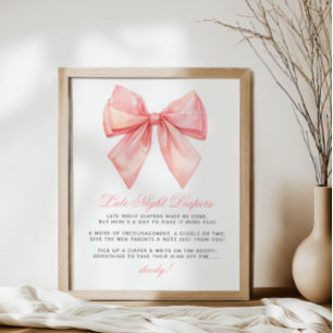 Blush Pink Bow Late Night Diapers Baby Shower Poster