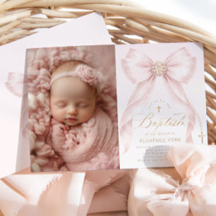 Blush Pink Bow Pearls Gold Cross photo Baptism Invitation
