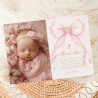 Blush Pink Bow Photo Baptism Thank you Card