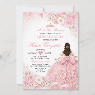 Blush Pink Bow Princess Floral Girl Quinceañera Invitation