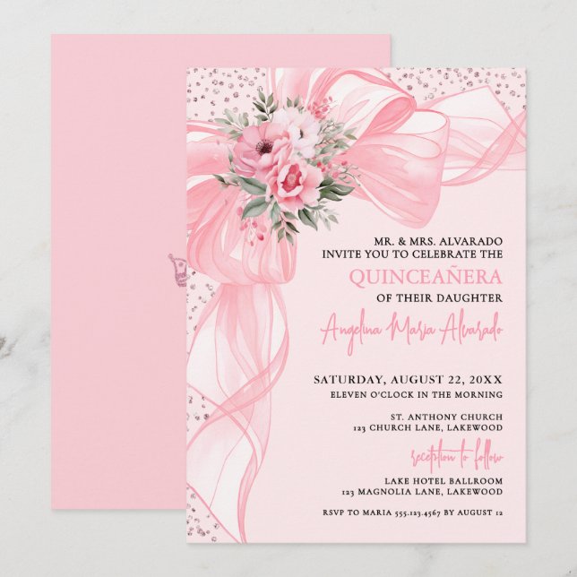 Blush Pink Bow Quinceanera Invitation (Front/Back)