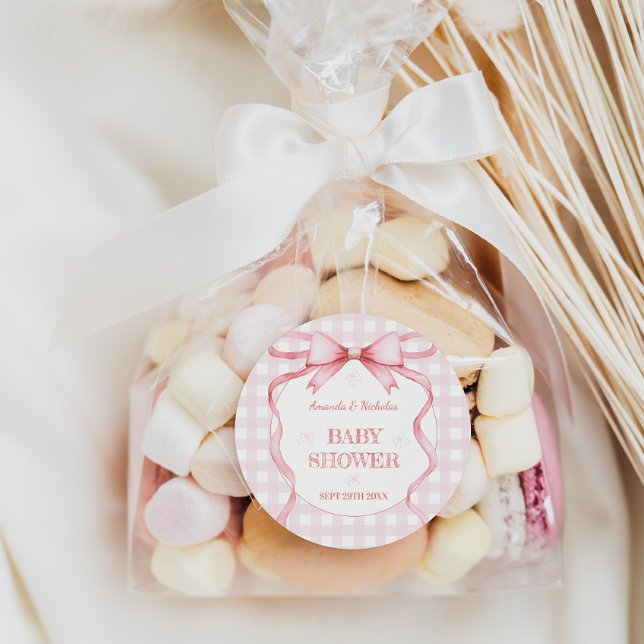 Blush Pink Bow Ribbon Baby Girl Shower Classic Round Sticker (Creator Uploaded)