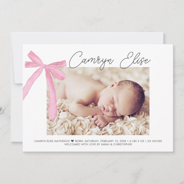 Blush Pink Bow Ribbon Baby Girl Signature & Photo  Thank You Card (Front)