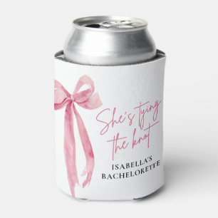 Blush Pink Bow She's Tying the Knot Bachelorette Can Cooler