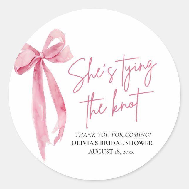 Blush Pink Bow She's Tying the Knot Bridal Shower Classic Round Sticker (Front)