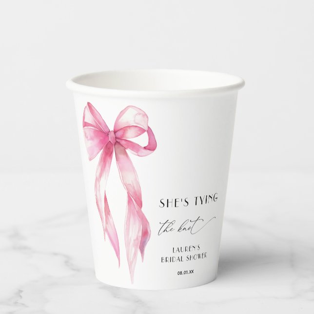 Blush Pink Bow Shes Tying The Knot Bridal Shower Paper Cups (Front)