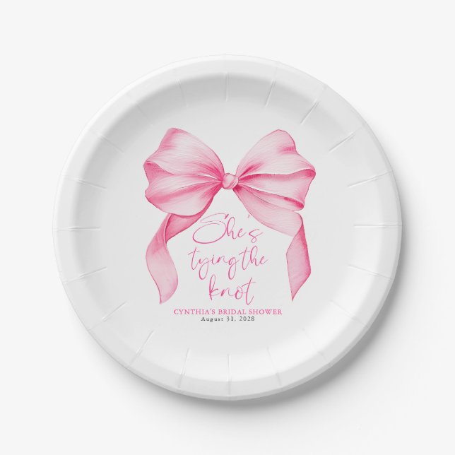Blush Pink Bow She's Tying the Knot Bridal Shower Paper Plate (Front)