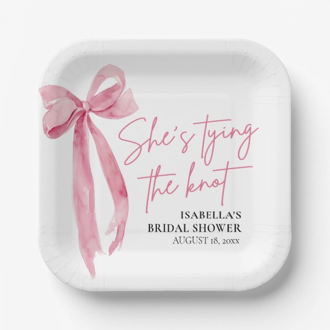 Blush Pink Bow She's Tying the Knot Bridal Shower Paper Plate (Front)