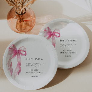 Blush Pink Bow She's Tying The Knot Bridal Shower Paper Plate