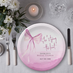 Blush Pink Bow She's Tying the Knot Bridal Shower Paper Plate