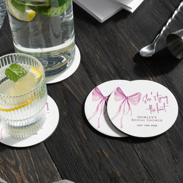 Blush Pink Bow She's Tying the Knot Bridal Shower Round Paper Coaster (Creator Uploaded)