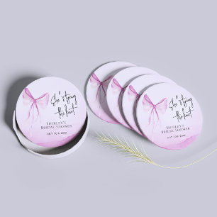 Blush Pink Bow She's Tying the Knot Bridal Shower Round Paper Coaster