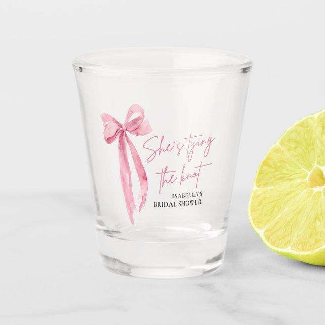 Blush Pink Bow She's Tying the Knot Bridal Shower  Shot Glass (Front)
