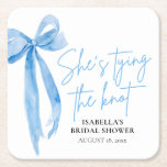 Blush Pink Bow She's Tying the Knot Bridal Shower Square Paper Coaster<br><div class="desc">Elevate your bridal shower with our charming Dusty Blue Bow "She's Tying the Knot" round paper coasters. Featuring a delicate dusty blue bow and an elegant design, these coasters are perfect for adding a touch of sophistication to your event. Made from high-quality paper, they are both durable and stylish, ensuring...</div>