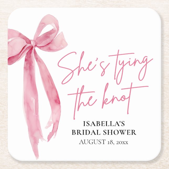 Blush Pink Bow She's Tying the Knot Bridal Shower Square Paper Coaster (Front)