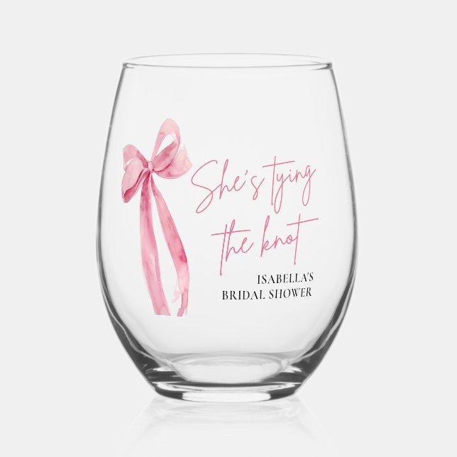 Blush Pink Bow She's Tying the Knot Bridal Shower  Stemless Wine Glass (Front)