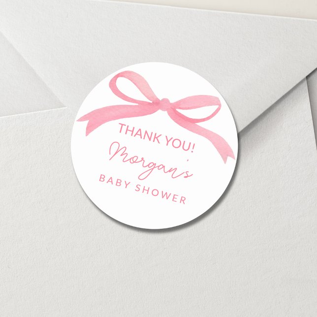 Blush Pink Bow Watercolor Baby Shower Classic Round Sticker (Creator Uploaded)