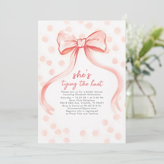 Blush Pink Bow Whimsical Minimalist Bridal Shower Invitation (Standing Front)