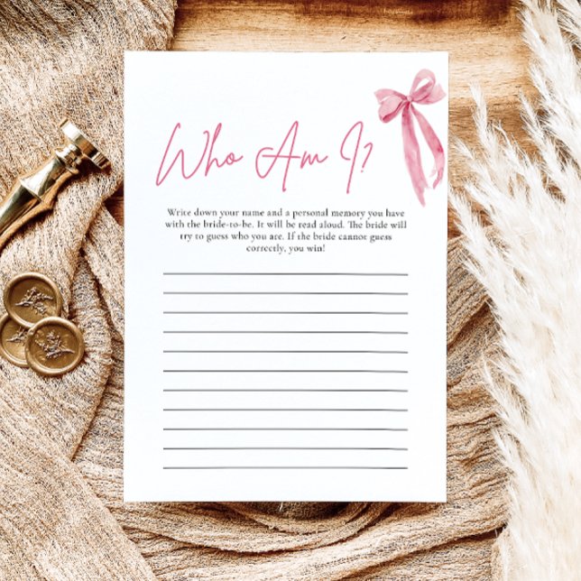 Blush Pink Bow Who Am I Bridal Shower Game Card (Blush Pink Bow Who Am I Bridal Shower Game )