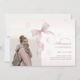 Blush Pink Bow Winter Girl Photo 15th Birthday Invitation