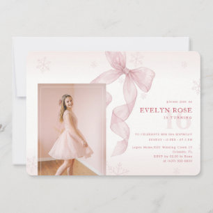 Blush Pink Bow Winter Girl Photo 16th Birthday Invitation