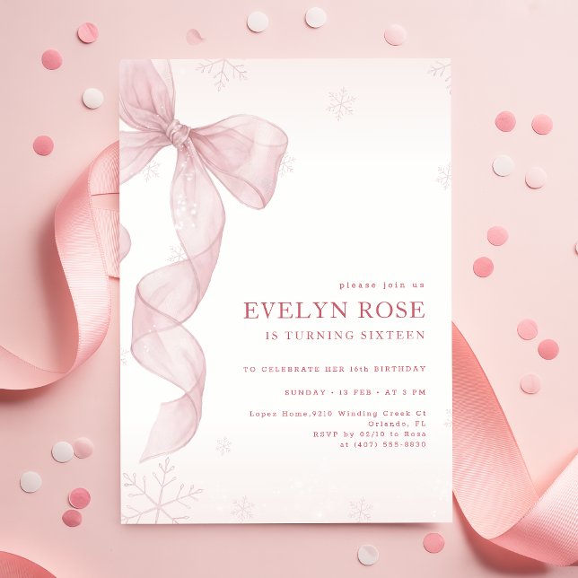 Blush Pink Bow Winter Snowflake 16th Birthday Invitation (Creator Uploaded)