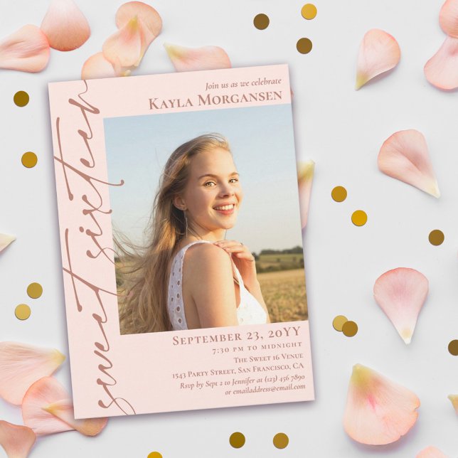 Blush Pink & Brass Calligraphy Photo Sweet 16 Invitation (Creator Uploaded)