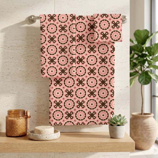 Blush Pink Brown Boho Chic Geometric Pattern Bath Towel Set (Creator Uploaded)