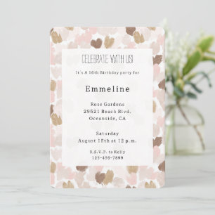 Blush Pink Brown Cream Hearts Birthday Invitation