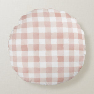 Blush Pink Brown Cream Plaid Stripes Round Pillow