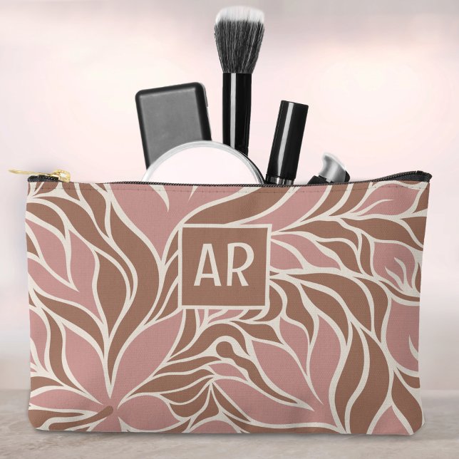 Blush Pink & Brown Modern Floral Pattern Monogram Accessory Pouch (Cool Mocha & Pink Modern Floral Pattern Monogram Accessory Pouch)