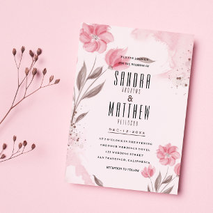 Blush pink brown watercolor flowers Wedding  Invitation