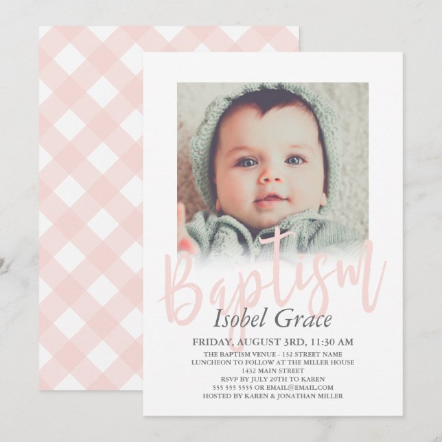 Blush Pink Brush Script Photo Baptism Invitation (Front/Back)