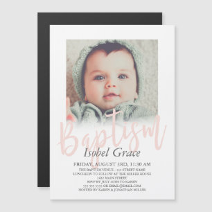 Blush Pink Brush Script Photo Baptism Magnetic Invitation