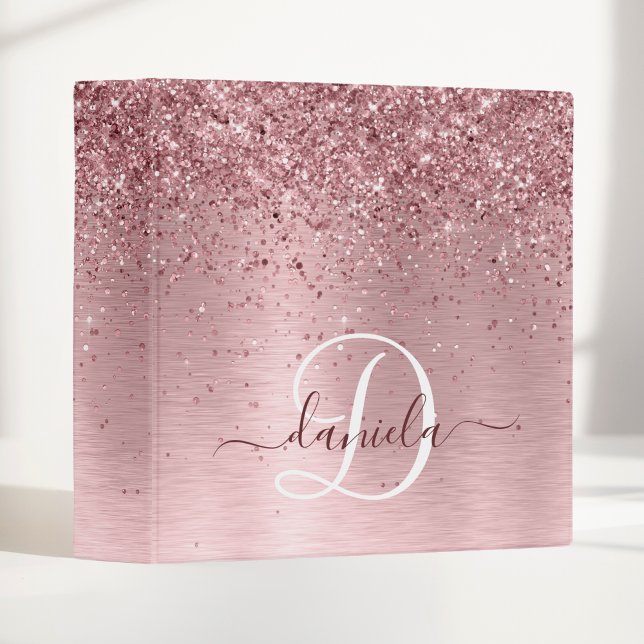 Blush Pink Brushed Metal Glitter Monogram Name Binder (Creator Uploaded)