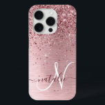 Blush Pink Brushed Metal Glitter Monogram Name iPhone 15 Pro Case<br><div class="desc">Easily personalize this trendy chic phone case design featuring pretty blush pink sparkling glitter on a blush pink brushed metallic background.</div>