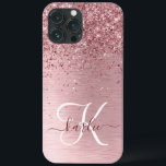 Blush Pink Brushed Metal Glitter Monogram Name iPhone 13 Pro Max Case<br><div class="desc">Easily personalize this trendy chic phone case design featuring pretty blush pink sparkling glitter on a blush pink brushed metallic background.</div>