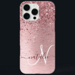 Blush Pink Brushed Metal Glitter Monogram Name iPhone 16 Pro Max Case<br><div class="desc">Easily personalize this trendy chic phone case design featuring pretty blush pink sparkling glitter on a blush pink brushed metallic background.</div>