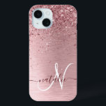 Blush Pink Brushed Metal Glitter Monogram Name iPhone 15 Case<br><div class="desc">Easily personalize this trendy chic phone case design featuring pretty blush pink sparkling faux glitter on a blush pink brushed metallic background.</div>