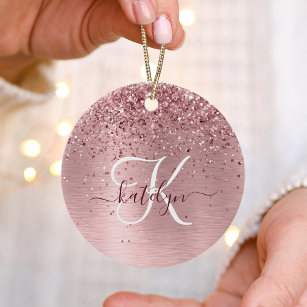 Blush Pink Brushed Metal Glitter Monogram Name Ceramic Ornament