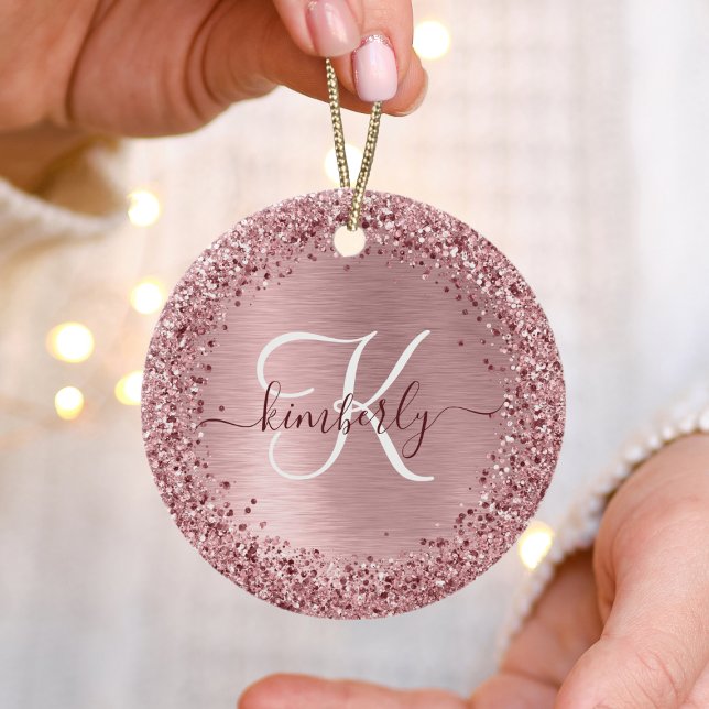 Blush Pink Brushed Metal Glitter Monogram Name Ceramic Ornament (Creator Uploaded)