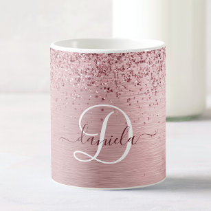 Blush Pink Brushed Metal Glitter Monogram Name Coffee Mug