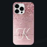 Blush Pink Brushed Metal Glitter Monogram Name iPhone 14 Pro Max Case<br><div class="desc">Easily personalize this trendy chic phone case design featuring pretty blush pink sparkling glitter on a blush pink brushed metallic background.</div>