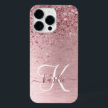 Blush Pink Brushed Metal Glitter Monogram Name iPhone 14 Pro Max Case<br><div class="desc">Easily personalize this trendy chic phone case design featuring pretty blush pink sparkling glitter on a blush pink brushed metallic background.</div>