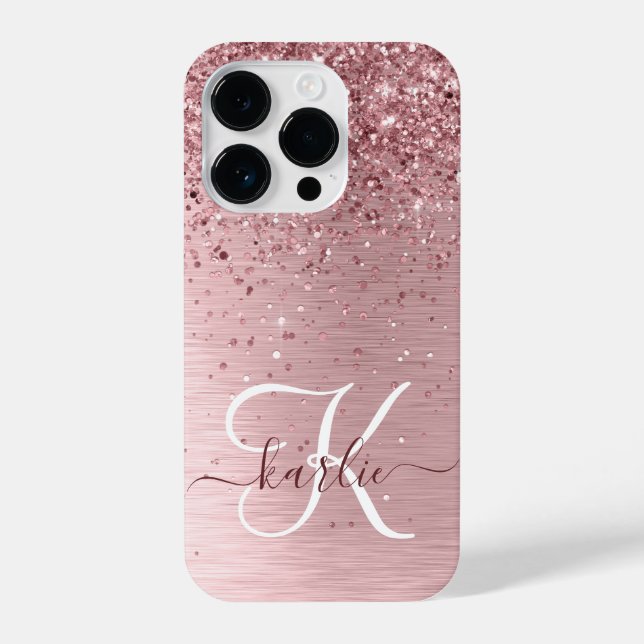 Blush Pink Brushed Metal Glitter Monogram Name iPhone Case (Back)