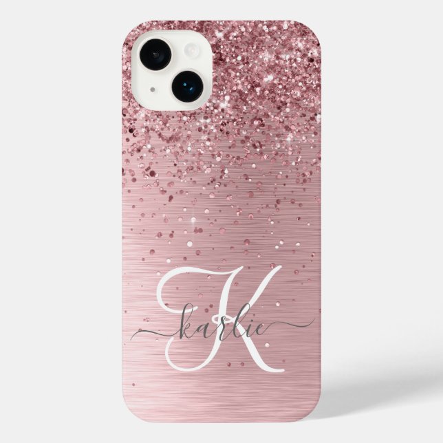 Blush Pink Brushed Metal Glitter Monogram Name iPhone Case (Back)