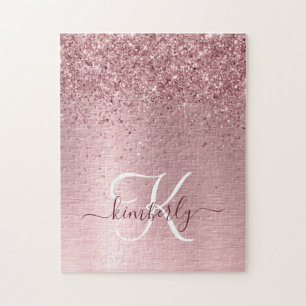 Blush Pink Brushed Metal Glitter Monogram Name Jigsaw Puzzle