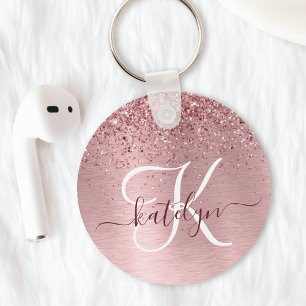 Blush Pink Brushed Metal Glitter Monogram Name Keychain